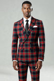 2 Piece Black and Red Grid Double Breasted Peak Lapel Men Prom Suits