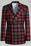2 Piece Black and Red Grid Double Breasted Peak Lapel Men Prom Suits
