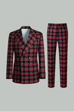 2 Piece Black and Red Grid Double Breasted Peak Lapel Men Prom Suits