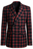 2 Piece Black and Red Grid Double Breasted Peak Lapel Men Prom Suits