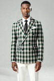 Black and Green Grid Peak Lapel 2 Piece Men Prom Suits