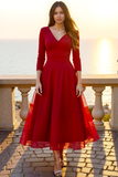 Red A Line V-Neck Long Formal Dress with Sleeves