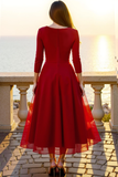 Red A Line V-Neck Long Formal Dress with Sleeves
