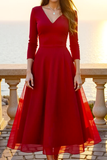 Red A Line V-Neck Long Formal Dress with Sleeves