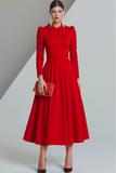 Red Collar Neck A Line Maxi Formal Dress with Sleeves