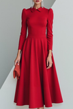Red Collar Neck A Line Maxi Formal Dress with Sleeves
