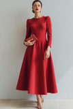 Red A Line Round Neck Long Formal Dress with Sleeves