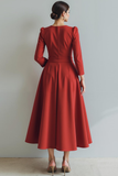 Red A Line Round Neck Long Formal Dress with Sleeves