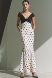 White Black Polka Dots Mermaid Long Evening Dress with 3D Flower