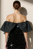 Sparkly Black Sequin Bodycon Off the Shoulder Short Cocktail Dress