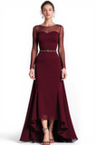 Cabernet Chiffon Illusion Boat Neck High Low Formal Dress with Sleeves