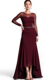 Cabernet Chiffon Illusion Boat Neck High Low Formal Dress with Sleeves