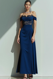 Navy Corset Off the Shoulder Long Evening Dress