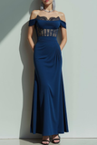 Navy Corset Off the Shoulder Long Evening Dress