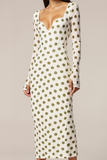 White Polka Dots Sheath Maxi Evening Dress with Sleeves