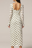 White Polka Dots Sheath Maxi Evening Dress with Sleeves