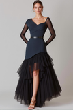 Navy Tulle Asymmetrical Neck High Low Long Evening Dress