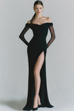 Black Chiffon Off the Shoulder Maxi Formal Dress with Slit