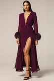 Cabernet V-Neck Chiffon Long Formal Dress with Feather