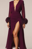 Cabernet V-Neck Chiffon Long Formal Dress with Feather