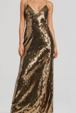 Sparkly Sequin Golden Sheath Spaghetti Straps Maxi Gala Dress