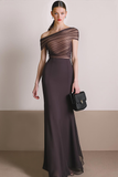 Brown Chiffon Ruched Asymmetrical Neck Maxi Formal Dress