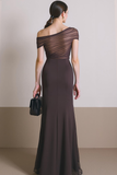 Brown Chiffon Ruched Asymmetrical Neck Maxi Formal Dress