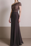 Brown Chiffon Ruched Asymmetrical Neck Maxi Formal Dress