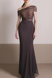 Brown Chiffon Ruched Asymmetrical Neck Maxi Formal Dress