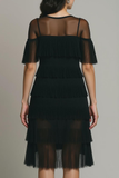 Black Fringed Tiered Round Neck Short Cocktail Dress
