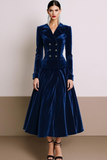 Navy Notched Lapel Velvet A Line Long Blazer Dress with Sleeves