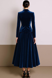 Navy Notched Lapel Velvet A Line Long Blazer Dress with Sleeves
