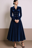Navy Notched Lapel Velvet A Line Long Blazer Dress with Sleeves