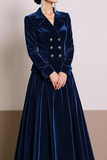 Navy Notched Lapel Velvet A Line Long Blazer Dress with Sleeves