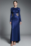 Sparkly Sequin Navy Cut Out Long Gala Dress with Sleeves