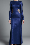 Sparkly Sequin Navy Cut Out Long Gala Dress with Sleeves