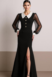 Black White Collar Neck Long Formal Dress with Slit