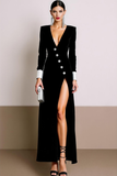 Black White V-Neck Velvet Maxi Formal Dress with Buttons