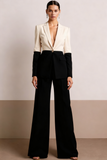 White Patchwork Peak Lapel Wide Leg Women Suits with Sleeves