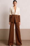 White Patchwork Peak Lapel Wide Leg Women Suits with Sleeves