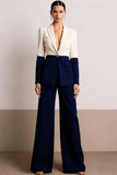 White Patchwork Peak Lapel Wide Leg Women Suits with Sleeves