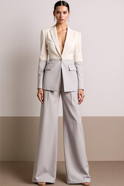 White Patchwork Peak Lapel Wide Leg Women Suits with Sleeves