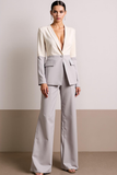 White Patchwork Peak Lapel Wide Leg Women Suits with Sleeves