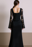 Black Square Neck Long Sleeves Evening Dress with Slit