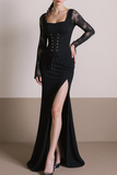 Black Square Neck Long Sleeves Evening Dress with Slit