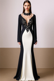 White Mermaid Appliqued V-Neck Maxi Evening Dress with Sleeves