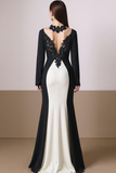 White Mermaid Appliqued V-Neck Maxi Evening Dress with Sleeves