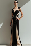 Black Champagne Patchwork Bateau Neck Maxi Formal Dress