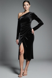 Black Sheath Velvet Asymmetrical Neck Midi Formal Dress with Slit