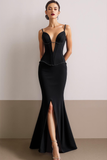 Black Spaghetti Straps Mermaid Long Evening Dress with Slit